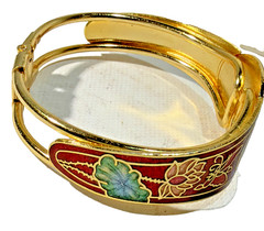 Cloisonne Enamel Bracelet Hinged Bangle Push-in Clasp Floral on Black