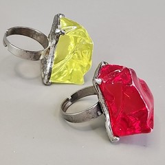 Acrylic Ring Lot of 2 Red yellow Faux Rock Silver Tone 1970s Chunky Adjustable 7