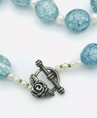 Vintage Blue Crackle Glass Cultured Pearl Bead Necklace 19″