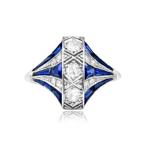 Art Deco Style Lab Created Diamond & Sapphire 14k White Gold FN Engagement Ring