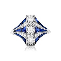 Art Deco Style Lab Created Diamond & Sapphire 14k White Gold FN Engagement Ring