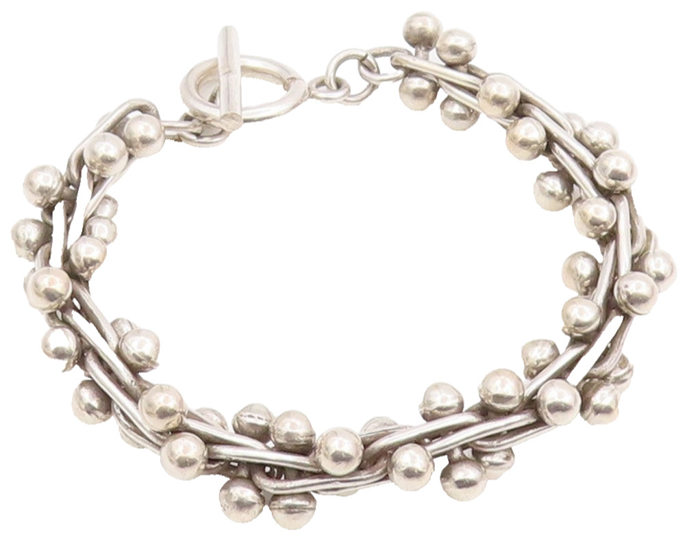 925 Sterling Silver Vintage Bracelet Modernist Twisted Bar & Ball Chain BT11958