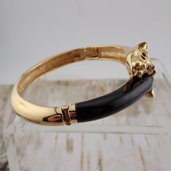 Jackie Collins 2 Panther Enamel Black Gold Tone Rhinestone 6.5″ Hinged Bangle