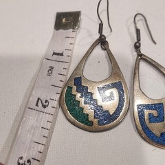 Vintage Alpaca Mexico Blue Green Crushed Stone Inlay Teardrop Earrings Geometric