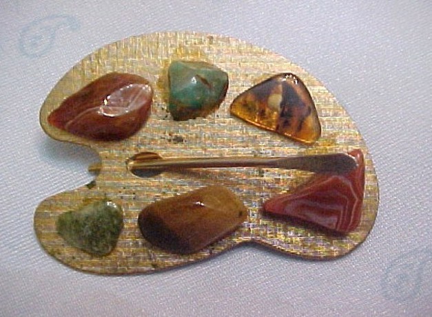 Vintage Artist Paint Palette Brooch Gold Tone W Multicolor Gemstone Chips Brush