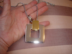 Vintage LR Lady Remington 2″ Silver Gold Square Pin/Pendant Silver Tone Necklace