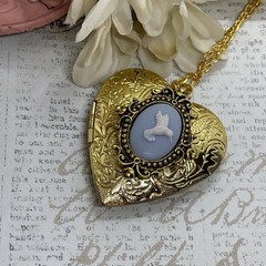 Gold Heart Locket Photo Birthday Anniversary Wedding Hummingbird Blue Necklace