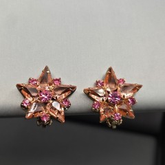 Vintage Pink Rhinestone Starburst Clip On Earrings Peach Mid Century Modern