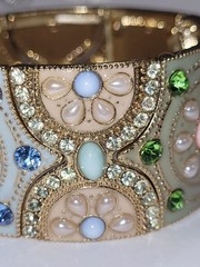 Vintage Wide Cuff Cloisonné Bracelet Ornate Enamel Rhinestone Gold-tone Jewelry