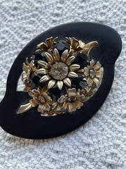 Vintage Bakelite Brooch Irregular Shape Rhinestones Gold Tone Czech Large