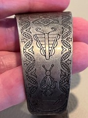 Primitive Vintage Engraved Cuff Bracelet Silver Plated Mixed Metal w/ Copper