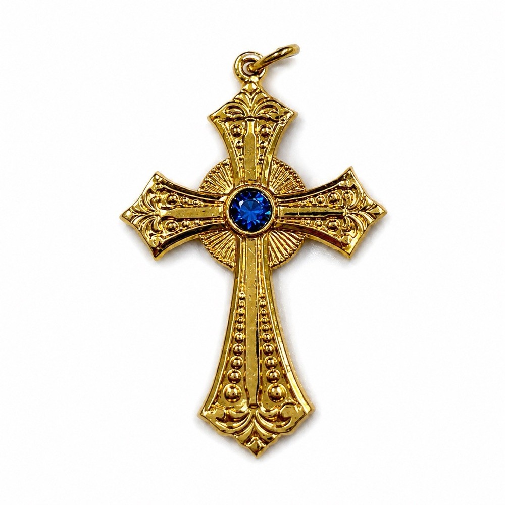 Vintage Made in Italy Gold Tone Cross Pendant Blue Crystal Religious Charm
