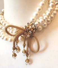 Unsigned Miriam Haskell Vintage 4 Strand Faux Pearl Necklace Gold Mesh Bow Flaws