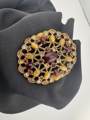 VTG Monet Signed Tigereye Ruby Topaz Gold Crystals Oval Broach Pin Filagree