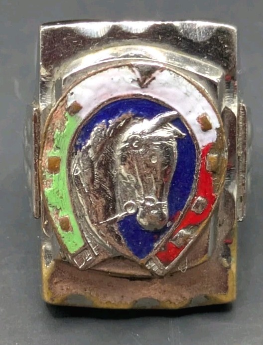 Vtg MCM Mexico Horse Head Horseshoe Ring Green White Red Blue Enamel Biker Ring