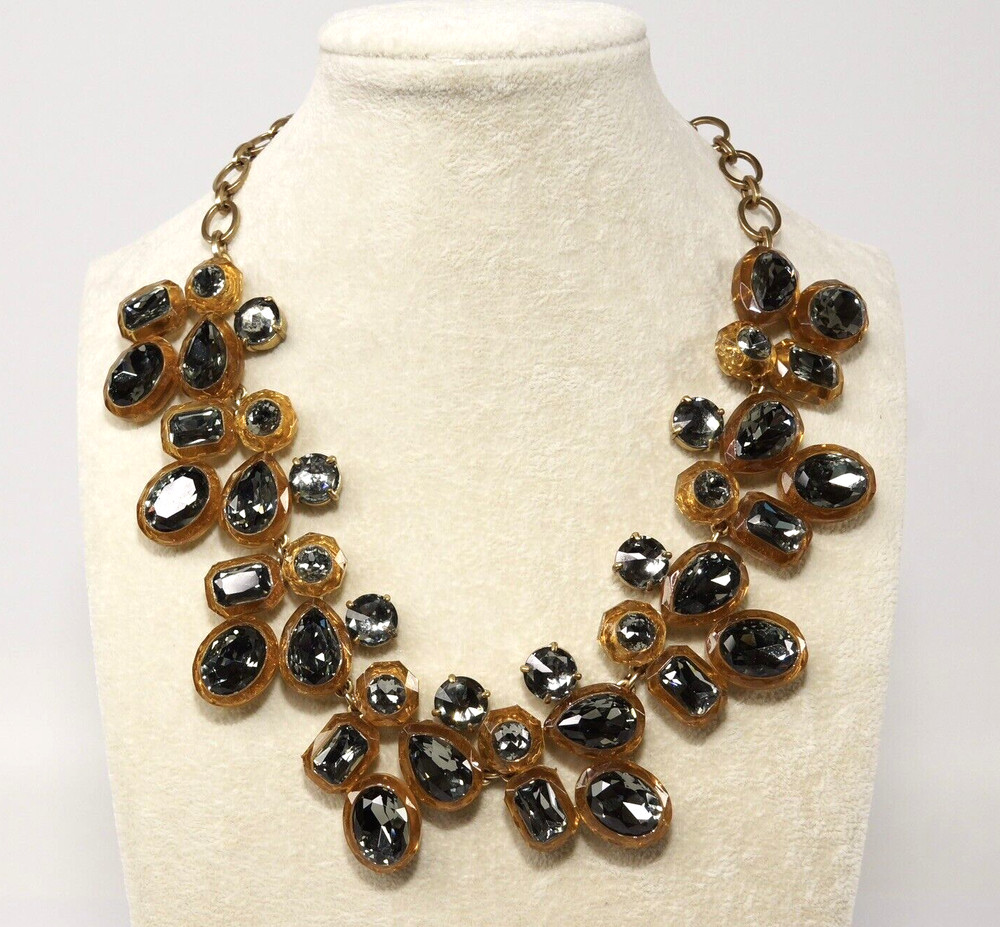 J. CREW Gold Tone Amber & Smoky Gray Jewel Box Cluster Statement Necklace