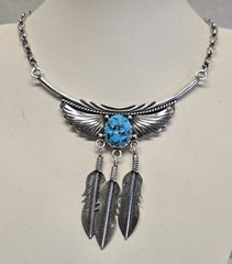 Vintage Sterling Silver Turquoise Feather Choker Necklace & Earrings Signed KB