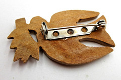 VTG 1 5/8 BROWN WOODEN WOOD CARVED BIRD tree branch Brooch silver tone metal pin