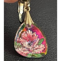 Vintage Intaglio Earrings Clip Ons Glass Floral Pink Iridescent Drop Dangle READ