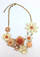 Vintage Enamel Flower Statement Necklace Pink Cream Floral Bib Mod Pop Art