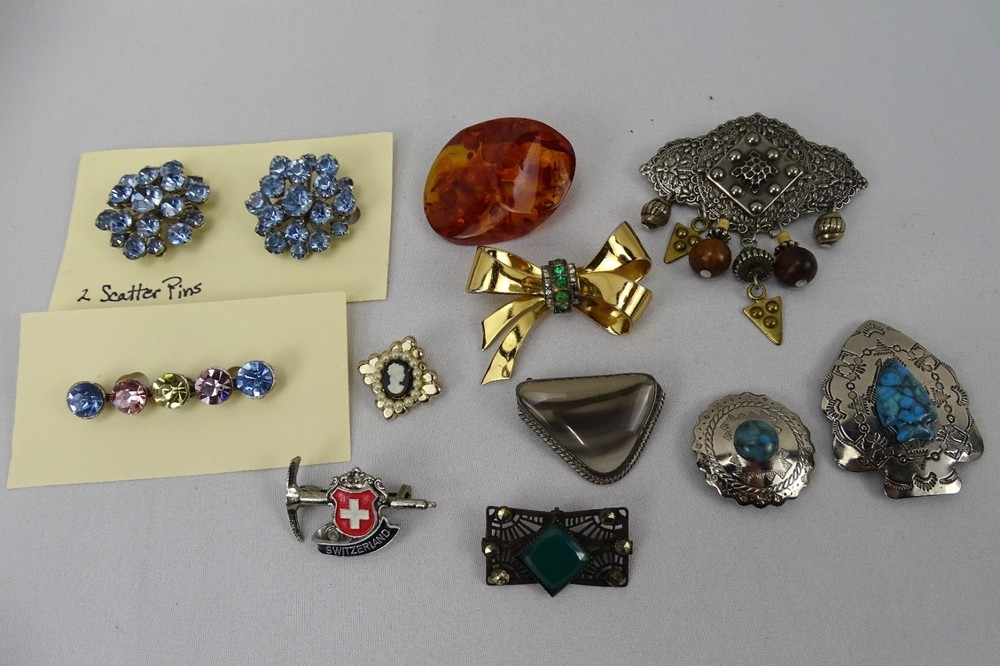 Lot of 10 Vintage Brooches plus 2 Button Covers, Various Styles and Colors
