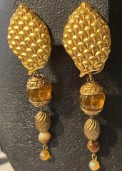 Vtg KATE HINES Signed Convertible Gold Tone Amber Lucite Couture Clip Earrings
