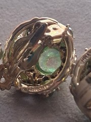Hollycraft 1950s demi-parure green cab & AB clip on earrings & adjustable ring
