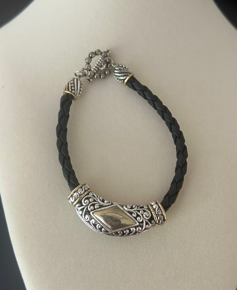 Vintage Black & Silver Gold Accent Faux Leather Braided Bracelet 7.5”