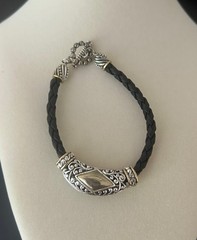 Vintage Black & Silver Gold Accent Faux Leather Braided Bracelet 7.5”