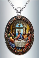 1 Piece Vintage Style Last Supper Oval Glass Pendant Necklace White Gold Plated