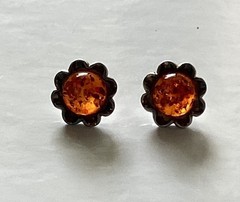 Vintage 925 Sterling Silver Baltic Amber Flower Petal Stud Post Earrings Cognac