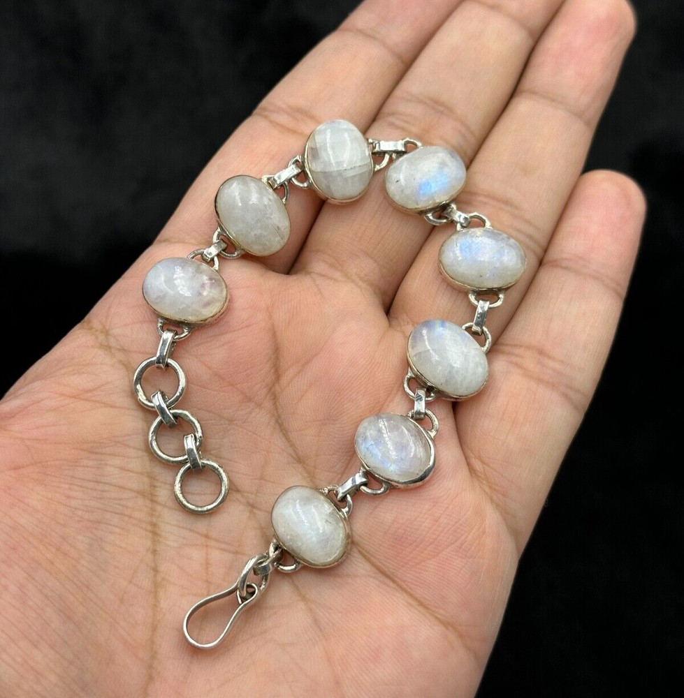 Old Unique Sterling Silver Handmade Bracelet With Natural Good Quality Moonstone