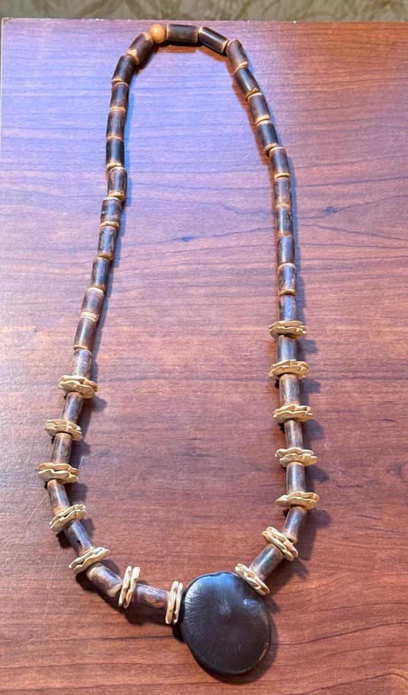 Vintage Multi-Natural Materials Bead Necklace Bohemian Wood 26″ Tribal Design