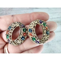 Vintage Gold Tone Enamel Ornate Oval Eye Floral Pierced Post Earrings Colorful