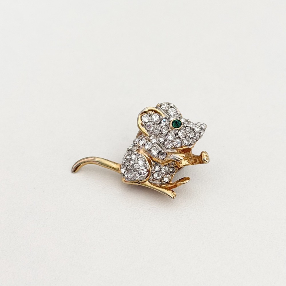 Vintage Clear Crystal Green Eyed Mouse Animal Gold Tone Lapel Pin