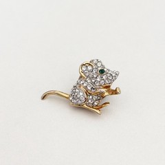 Vintage Clear Crystal Green Eyed Mouse Animal Gold Tone Lapel Pin