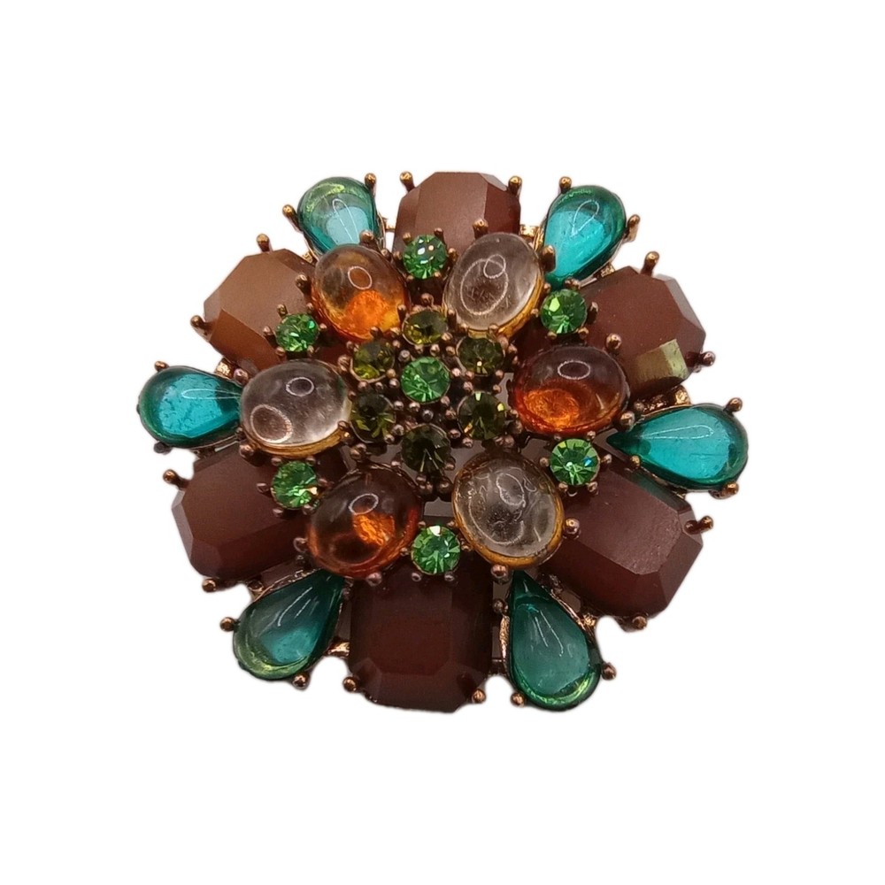 Vintage Art Deco Style Brooch Tea Brown Floral Rhinestone Acrylic Pin 2 1/4 in