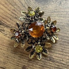 Vintage Austrian Rhinestone Brooch Autumn Orange Yellow Gold Tone Floral Pin