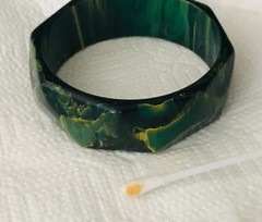Vintage Blue Moon Bakelite Bangle Geometric Faceted Hexagon Marbled Green Rare