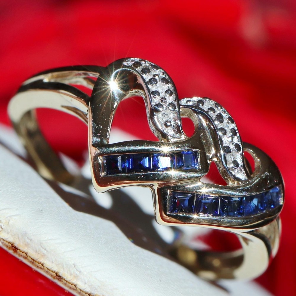 10k y/gold size 7 ring 0.18ct natural treated sapphire diamond heart 1.95g N2536