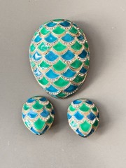 Vintage MARVELLA Blue & Green Enamel Bracelet, Brooch & Earring Set!