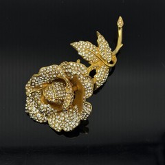 JOSE MARIA BARRERA Rose Huge Brooch Rhinestone Gold Tone Flower Vintage Pin 4.5″