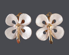 Vintage PARK LANE CLIP-ON EARRINGS Shamrock 4-Leaf Clover GOLD & WHITE/SILVER