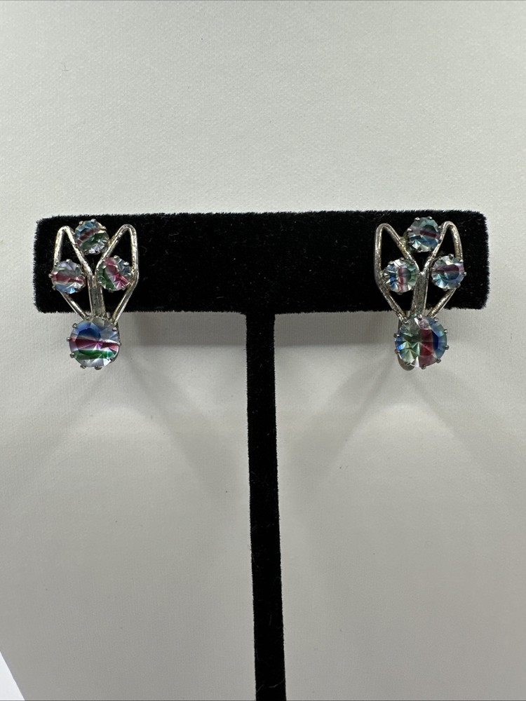 Vintage Sterling Screwback Rainbow Iris Crystal Rhinestone Earrings Antique