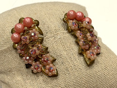 MCM PINK CLUSTER FLOWER RHINESTONE FAUX PEARL SEED BEAD CLIMBER CLIP ON EARRINGS