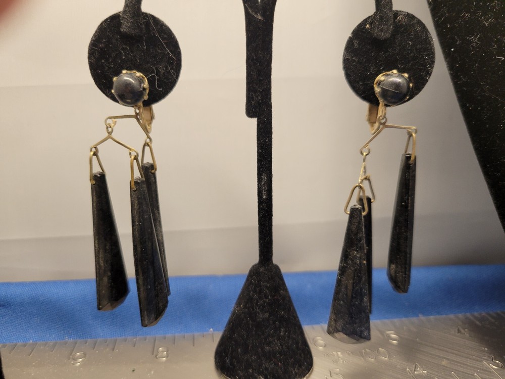Clip-On Earrings 1970’s Beveled Onyx 2.5 Inches 029