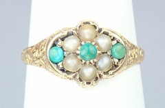 Pretty Antique Victorian 15K Gold Turquoise Pearl Floral Engraved Ring 1869 5.75
