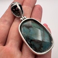 Huge Vintage Women’s Jewelry Silver 800 Pendant Natural Chrysocolla Stone 16.7gr