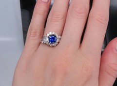 Fine 2.25ct GIA Blue Cushion Sapphire 0.80ct Diamond Platinum Ring, Size 7