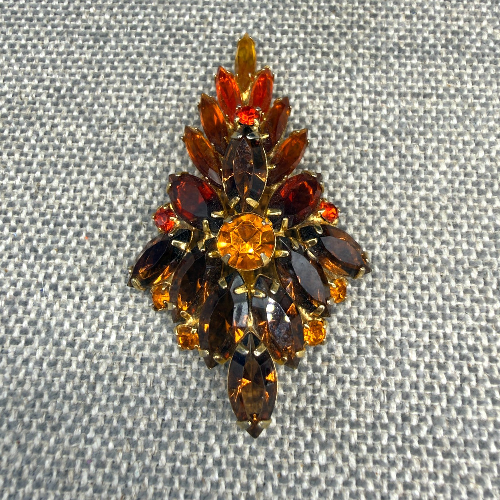 Vintage Brooch Marquise Amber Orange Brown Rhinestones 2.75 Inches